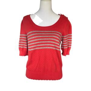 Red and grey striped short sleeve sweater top.